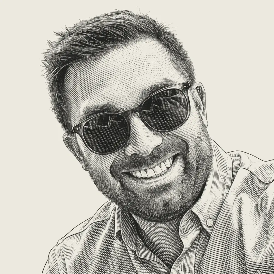 Engraved portrait of Andy Marra, cross-hatched in the style of a
                  newspaper hedcut: short hair, dark sunglasses, a trimmed beard and a
                  broad smile, wearing an open-collared shirt.